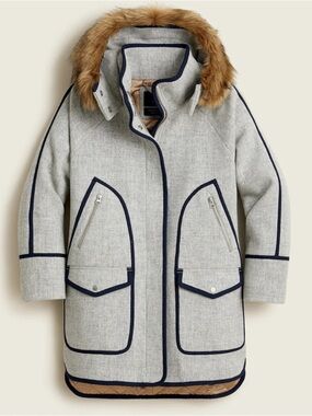J. Crew Light Gray Pea Coat with Navy Trim and Faux-Fur Hood